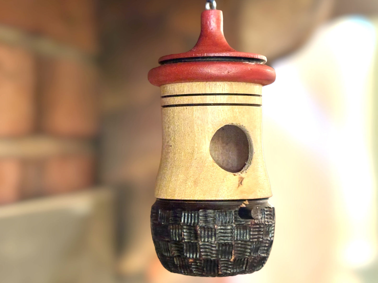 Hummingbird Birdhouse- Handmade Wooden Decor, Basketweave design, Outdoor/Indoor Garden Art, Artisan Rustic, Perfect Gift, Birthday Gift