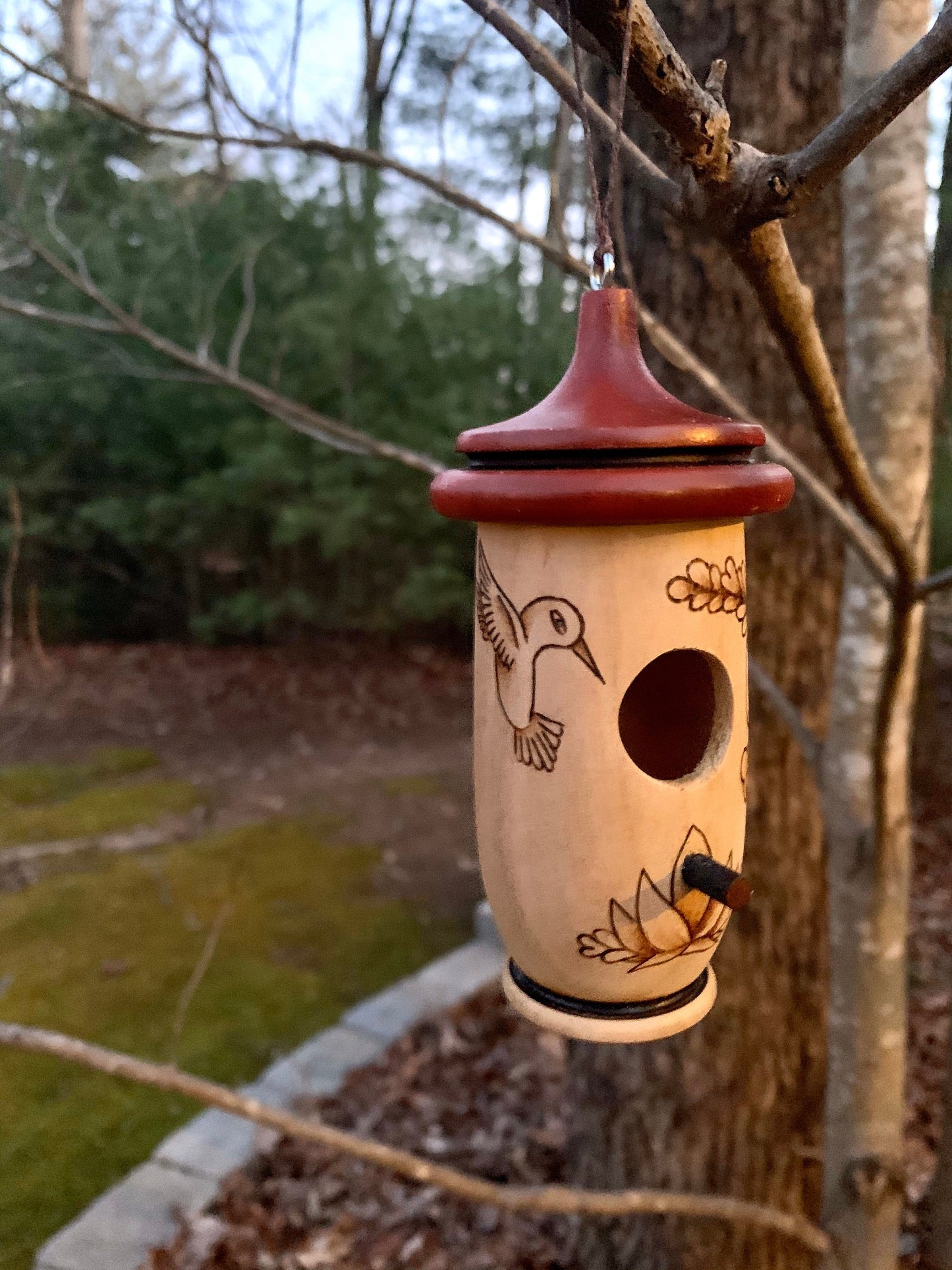 Hummingbird House, Handmade Wooden Birdhouse for Indoor/Outdoor Use, Bird and Lotus Art, Bird Lovers Gift, Christmas Gift for Co-Worker