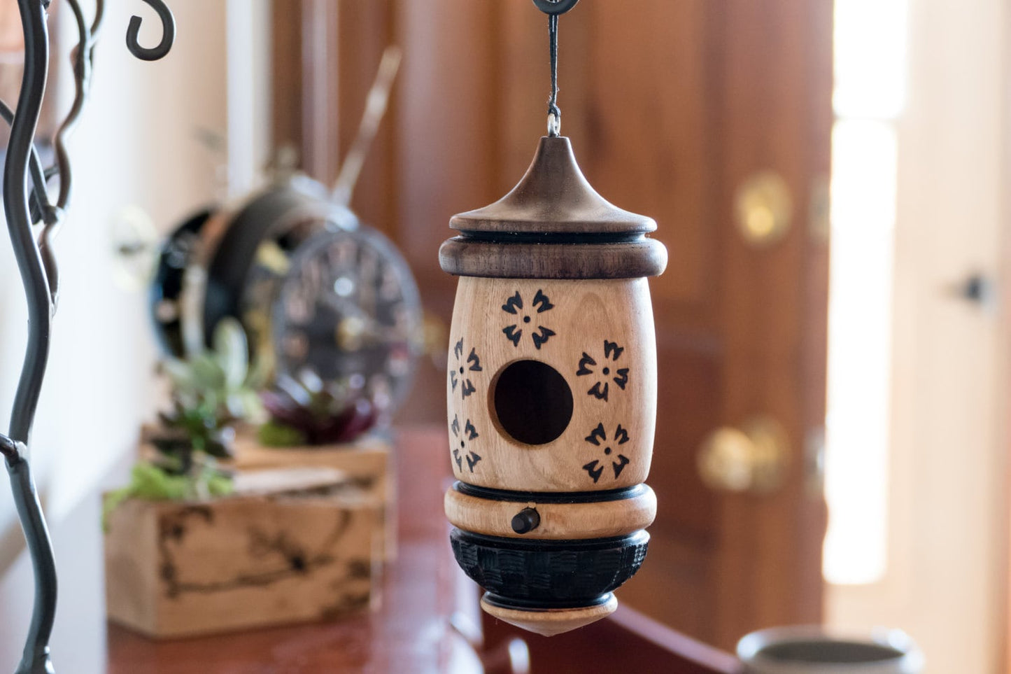 Handmade Wooden Hummingbird House, Flower Art, Bird Lovers Gift