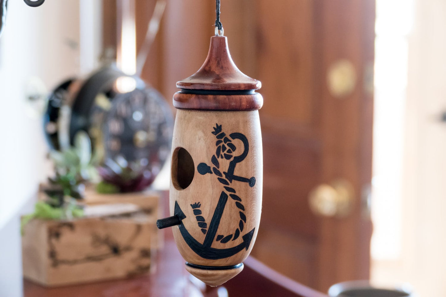 Handmade Nautical Hummingbird Birdhouse: Woodburned Anchor Indoor/Outdoor Art
