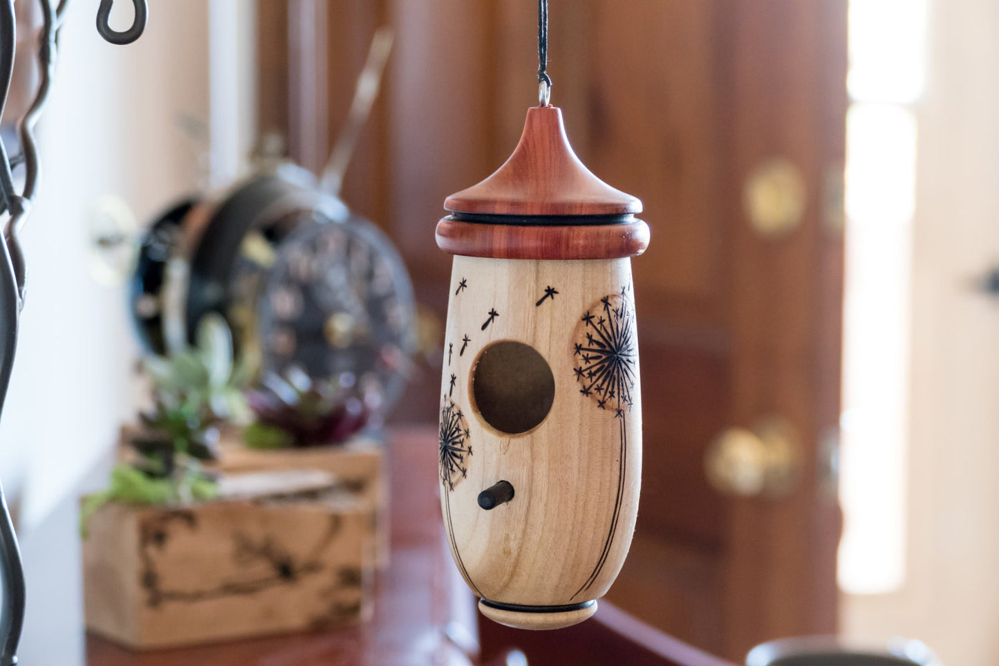 Dandilion Design, Handmade Wooden Hummingbird House, Pyrography Art