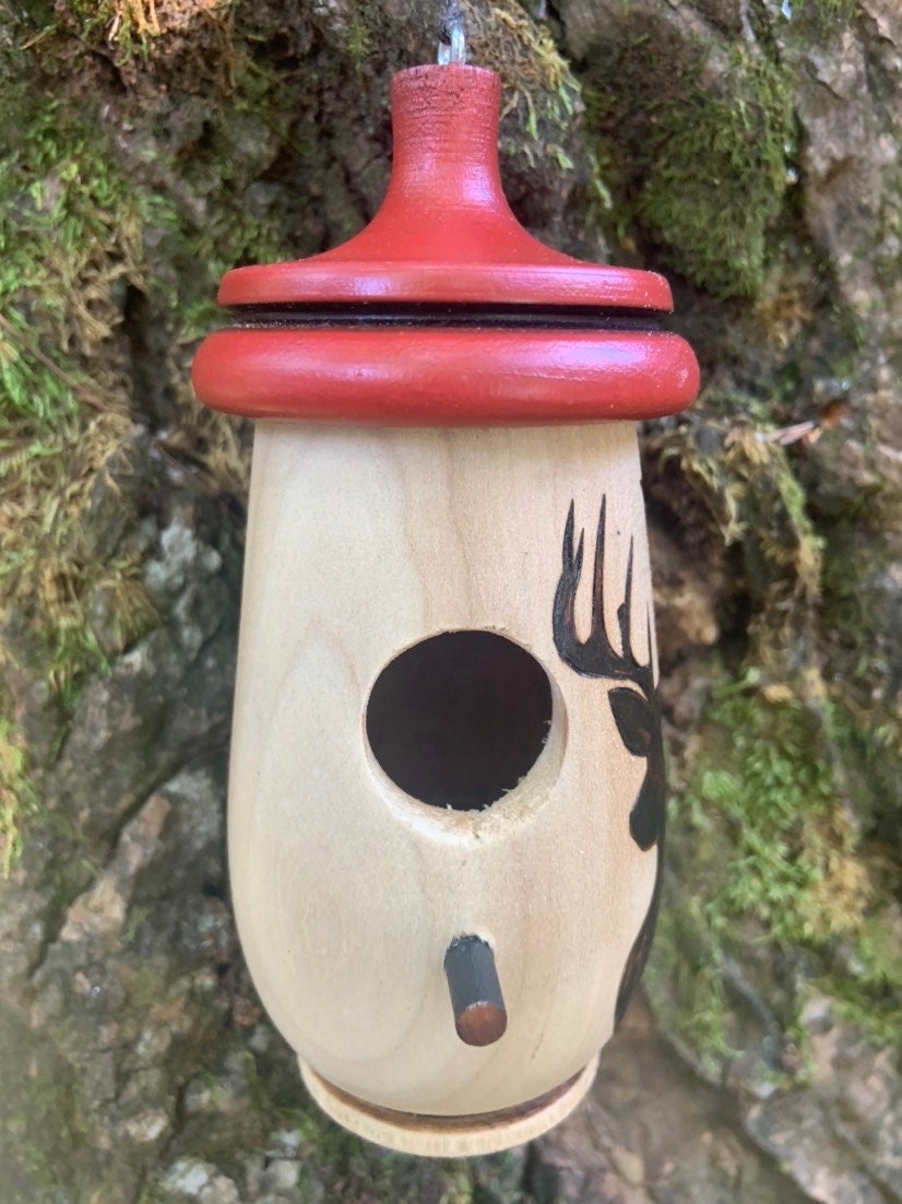 Handmade Cherry Wood Hummingbird House, Deer Silhouette Art