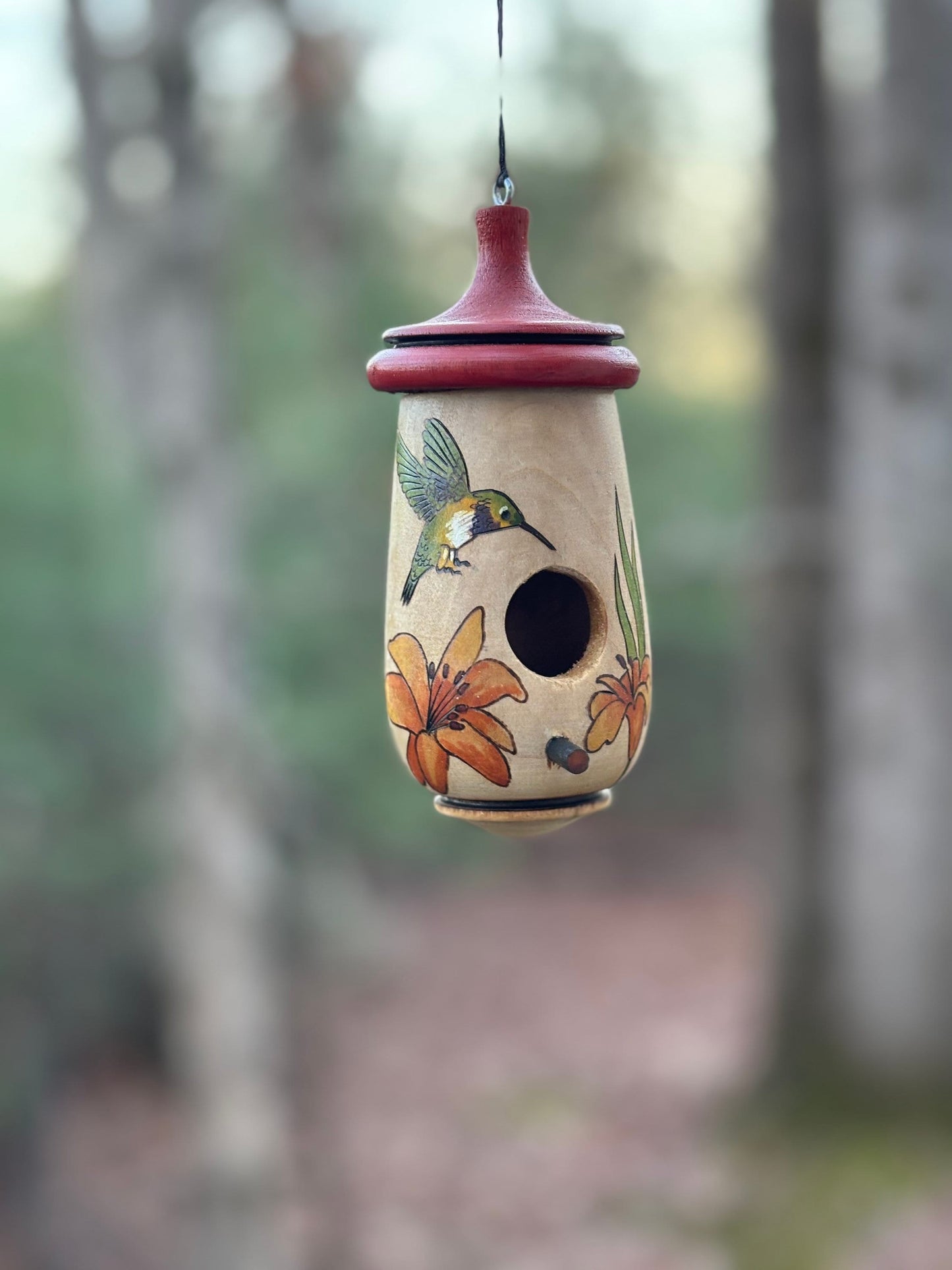 Hummingbird Birdhouse, Day Lily with Bird Design, Handmade Art for Bird and Flower Lovers, Christmas Gift for Someone Who Has Everything