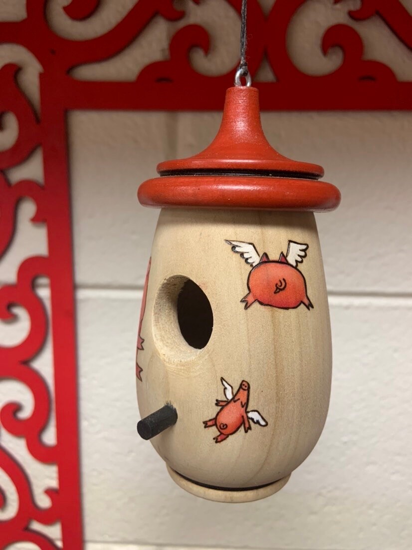 Hummingbird House, Flying Pig Art, Handmade Wooden Birdhouse for Indoor/Outdoor Use, Bird Lovers Gift, Christmas Gift for Pig Lovers
