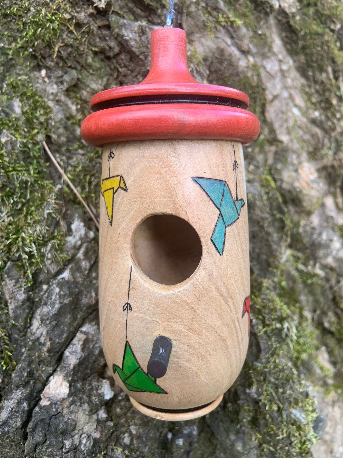 Hummingbird House, Handmade Wooden Birdhouse for Indoor/Outdoor Use, Paper Cranes Origami Art, Bird Lovers Gift, Christmas Gift for Artisans