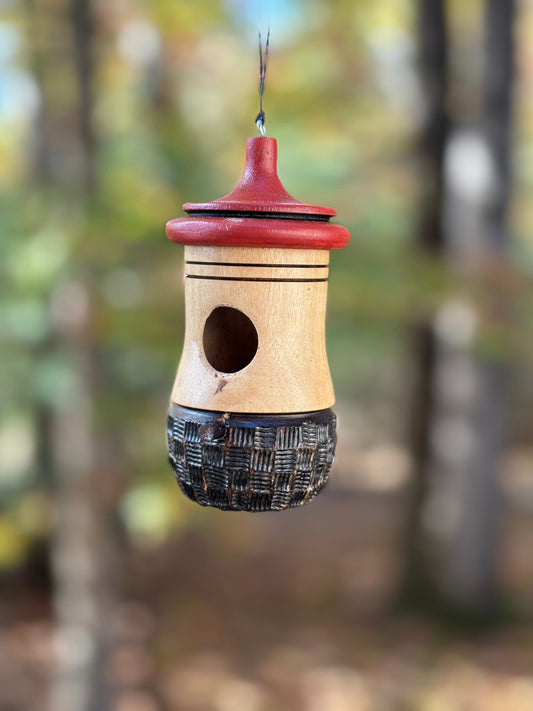 Hummingbird Birdhouse- Handmade Wooden Decor, Basketweave design, Outdoor/Indoor Garden Art, Artisan Rustic, Perfect Gift, Birthday Gift