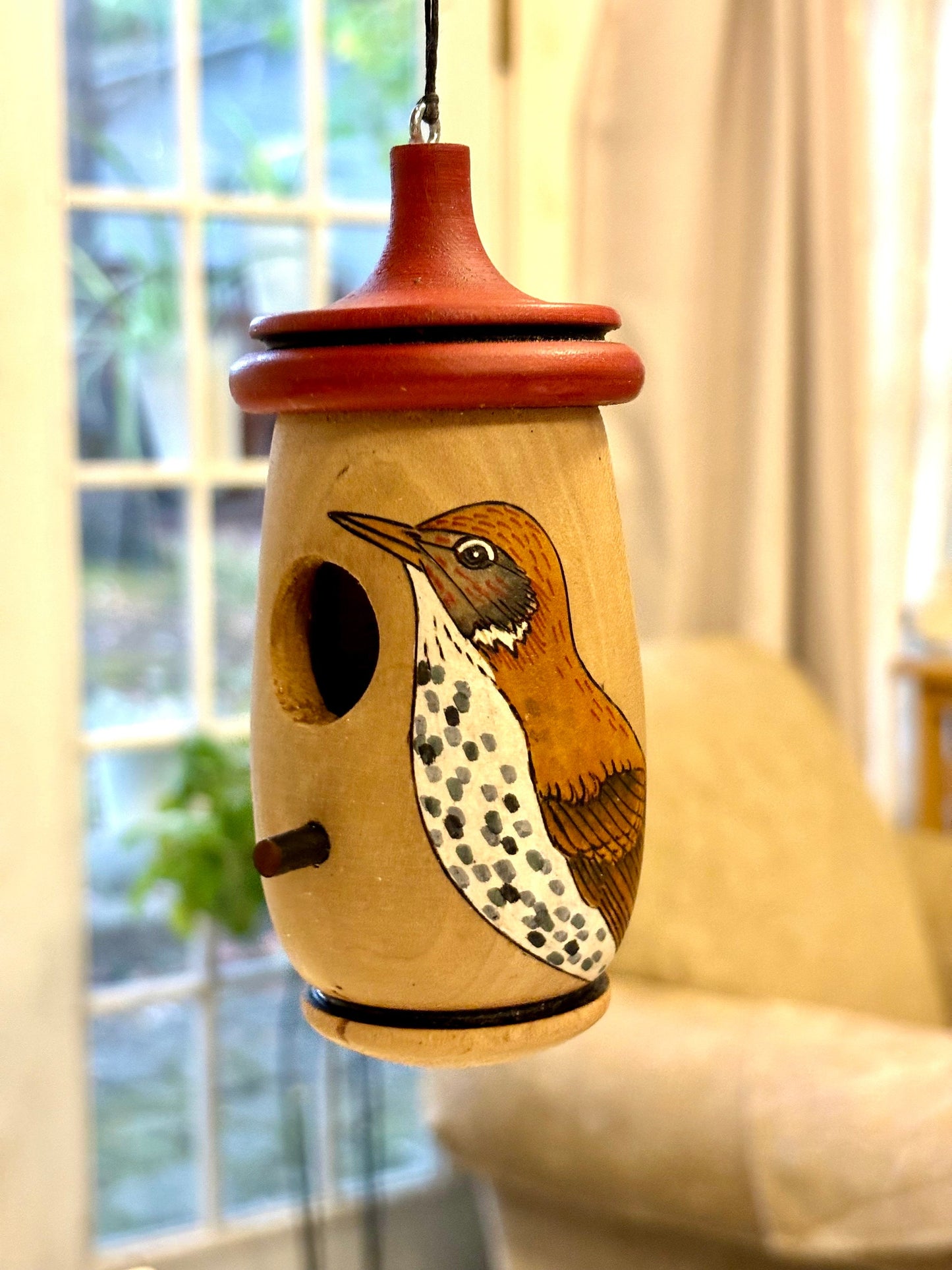 Hummingbird Birdhouse, Handmade Wooden Birdhouse for Indoor/Outdoor Use, Wood Thrush Art, Gift for Birders & nature lovers