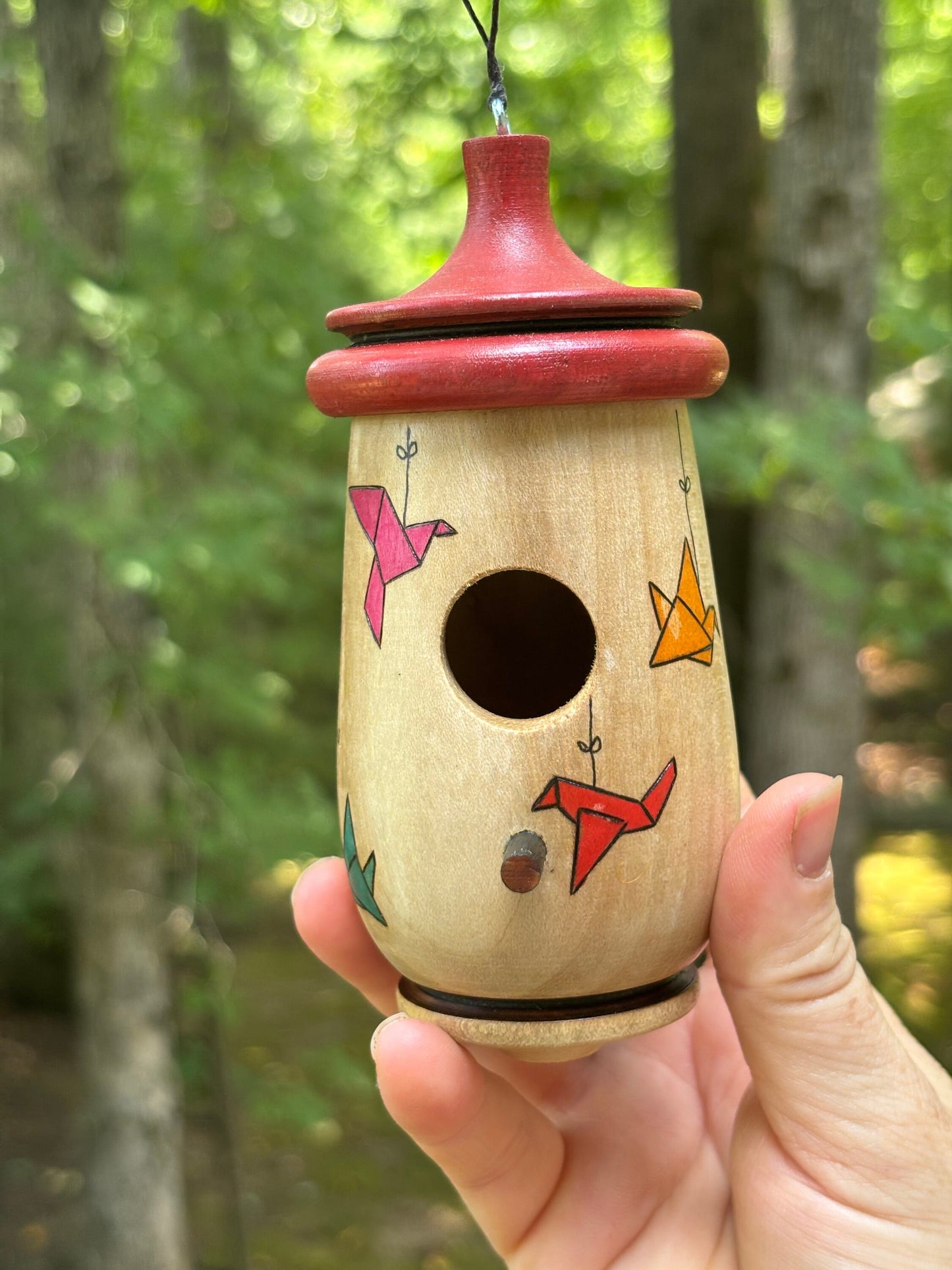 Hummingbird House, Handmade Wooden Birdhouse for Indoor/Outdoor Use, Paper Cranes Origami Art, Bird Lovers Gift, Christmas Gift for Artisans