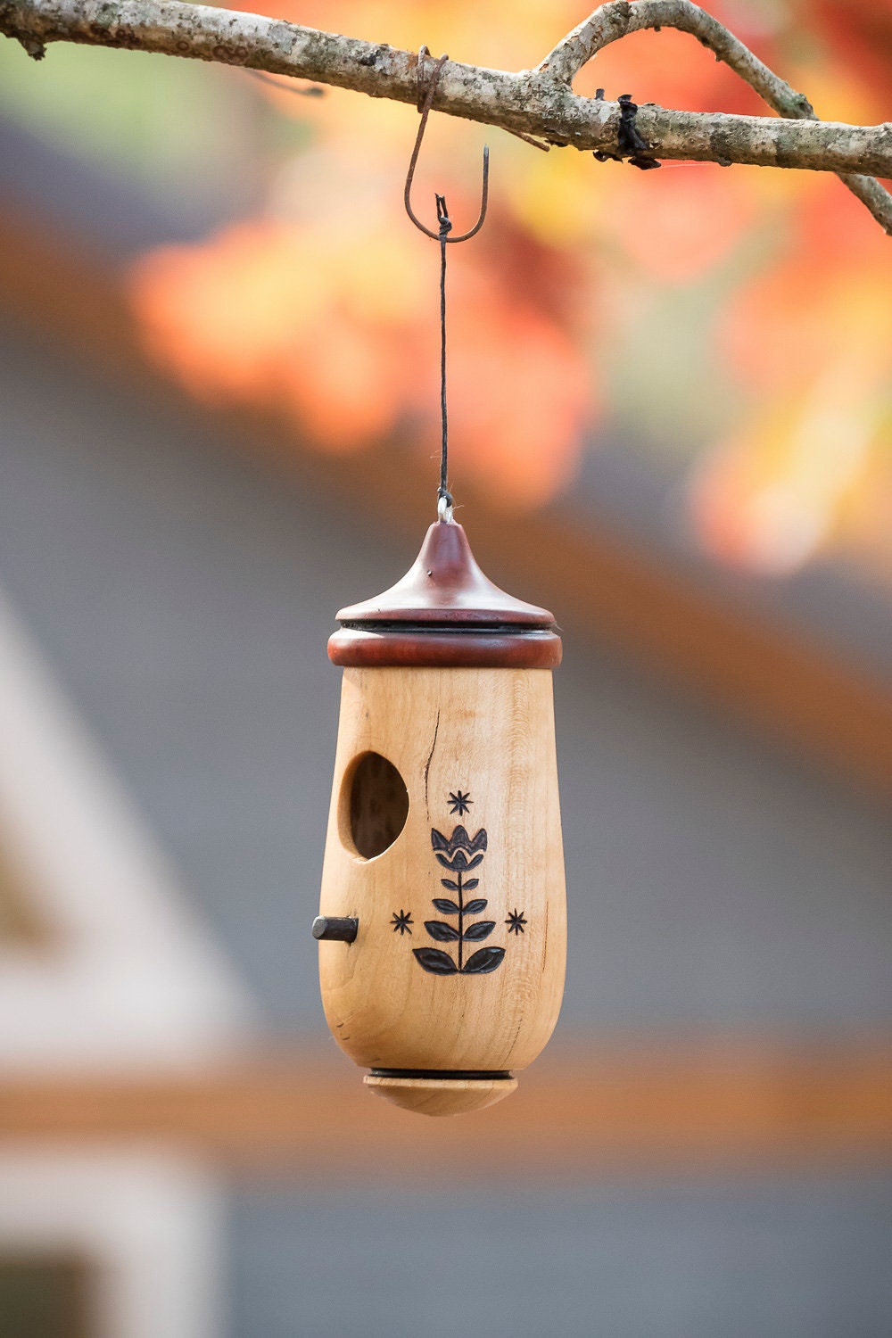 Handmade Wooden Hummingbird House, Tulip Art, Indoor/Outdoor Use