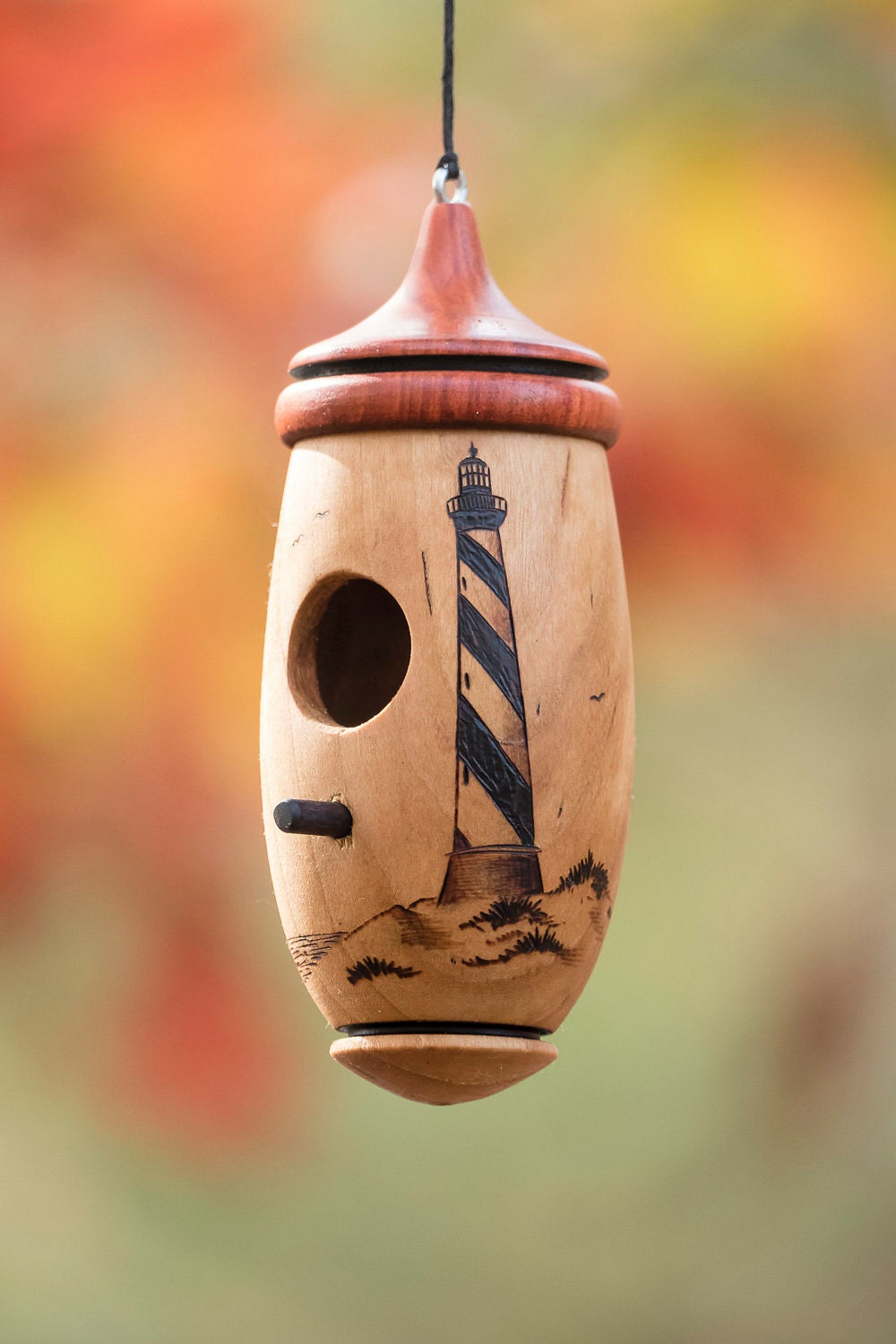 Handmade Cherry Wood Hummingbird House, Hatteras Lighthouse Design