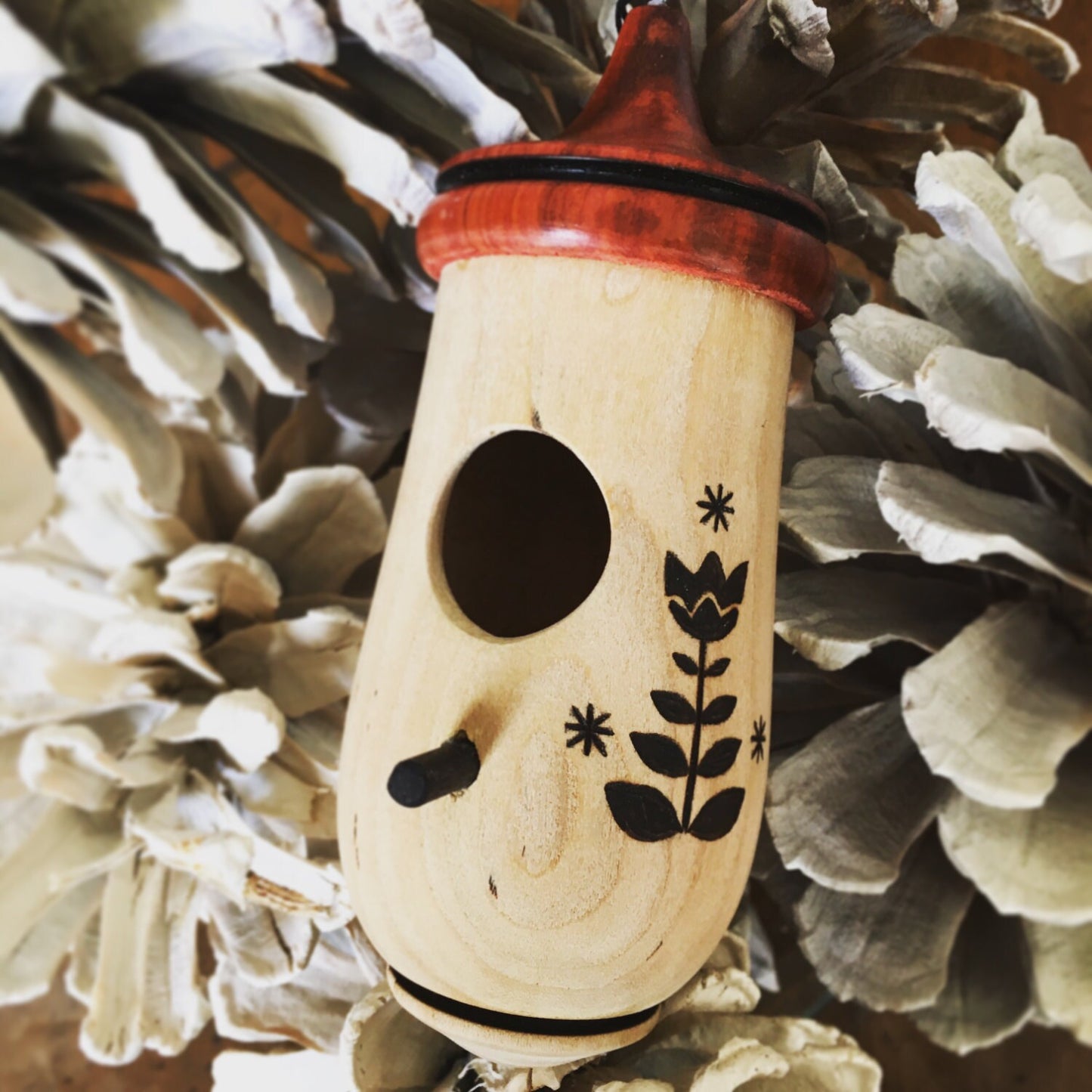 Handmade Wooden Hummingbird House, Tulip Art, Indoor/Outdoor Use