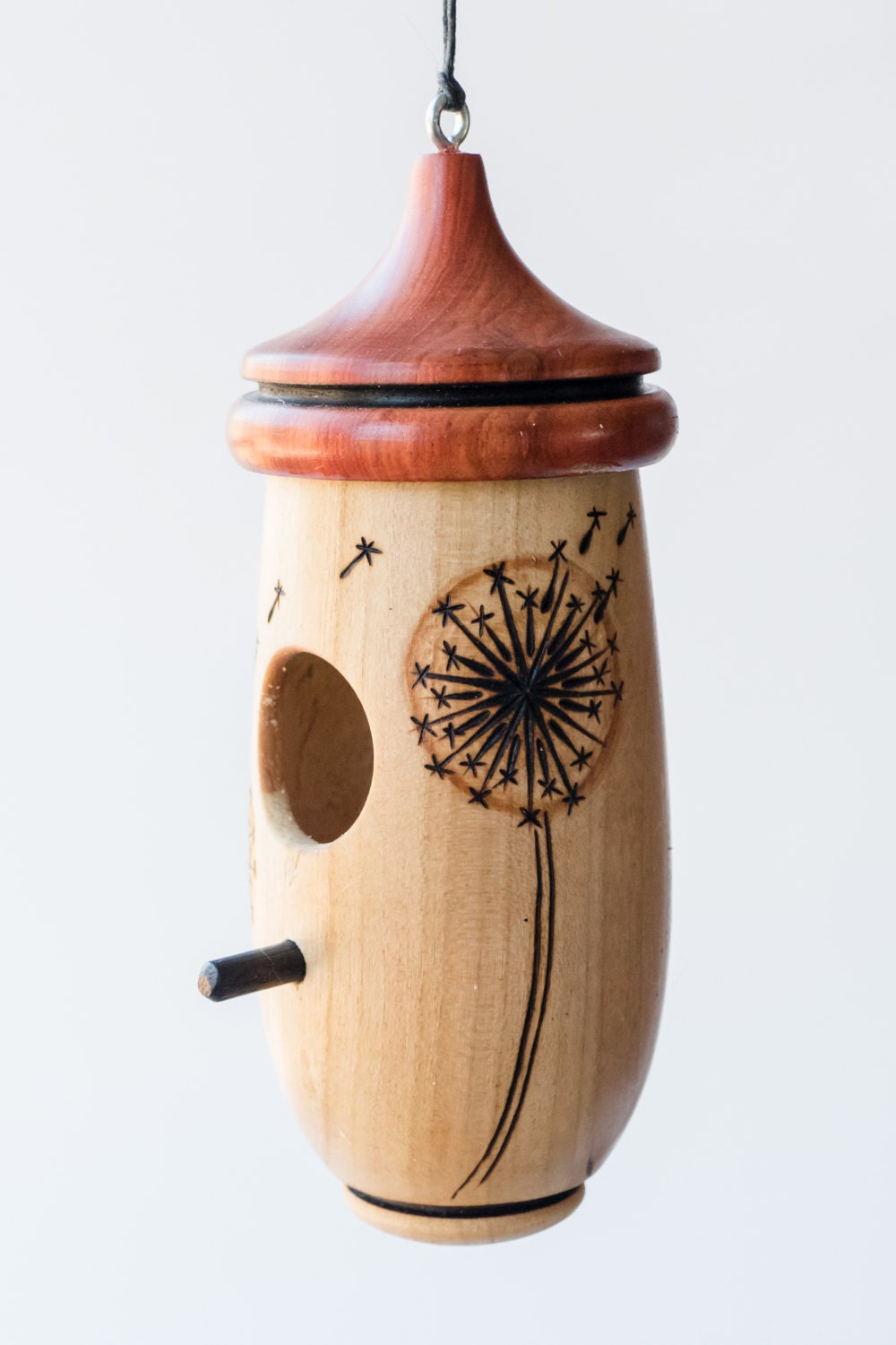 Dandilion Design, Handmade Wooden Hummingbird House,  Pyrography Art