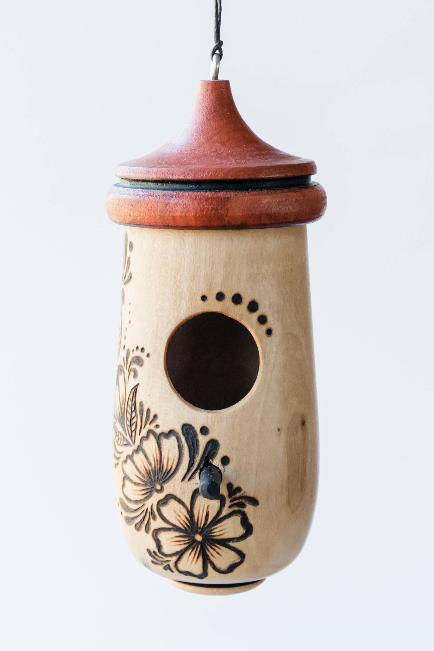 Handmade Hummingbird House, Aster Floral Pyrography, Wooden Birdhouse