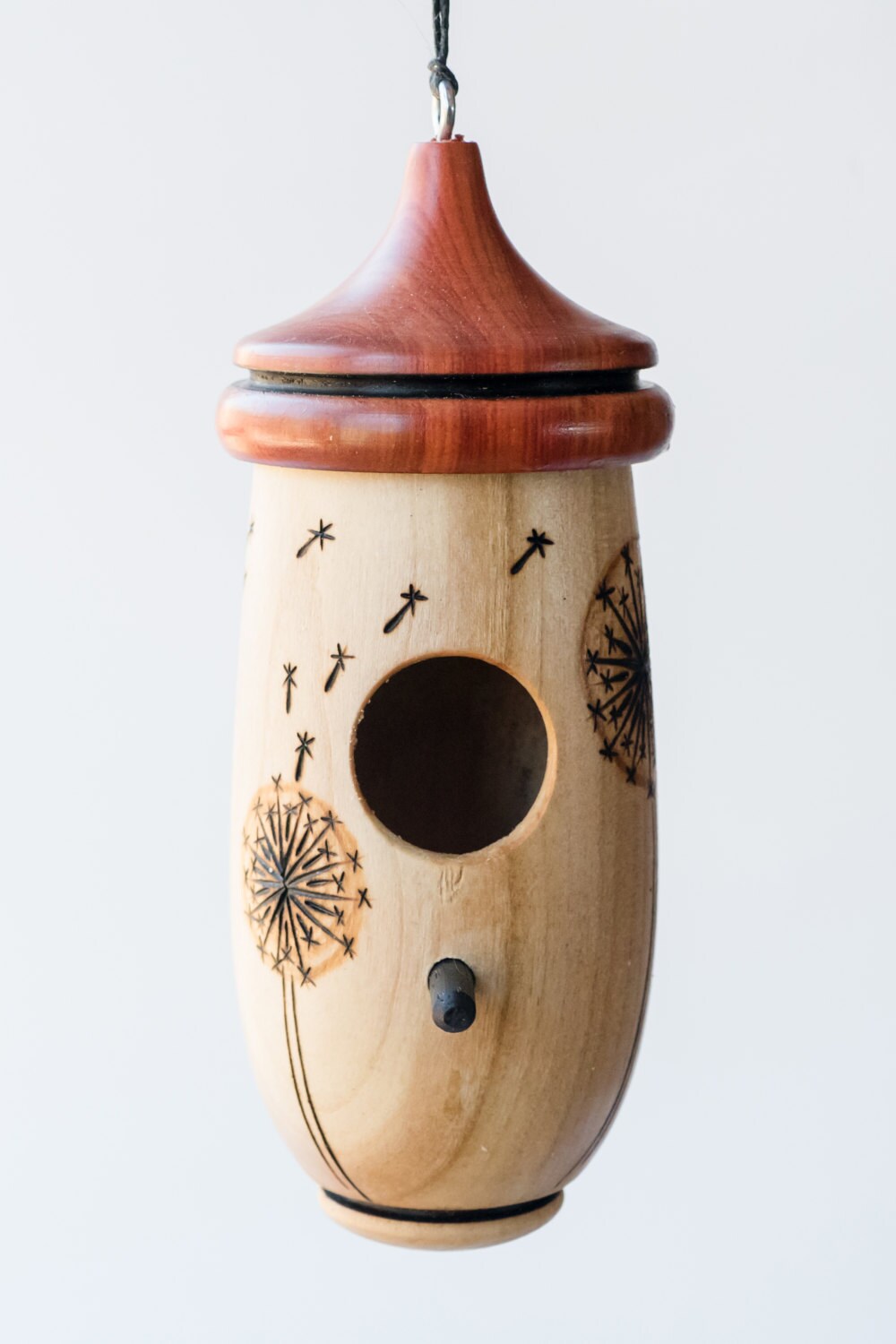 Dandilion Design, Handmade Wooden Hummingbird House,  Pyrography Art