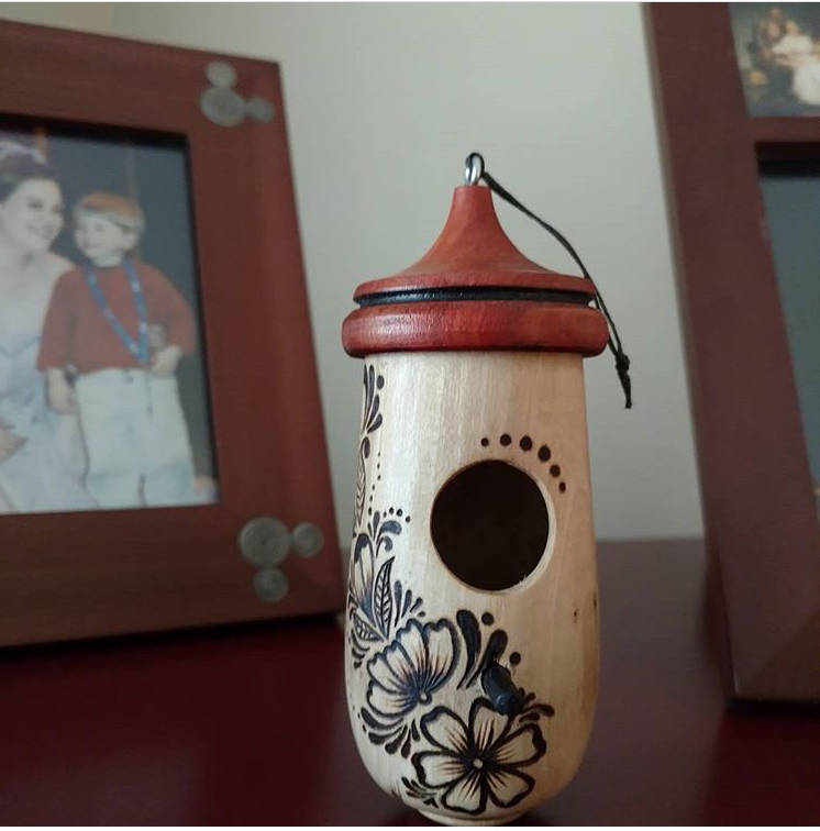 Handmade Hummingbird House, Aster Floral Pyrography, Wooden Birdhouse
