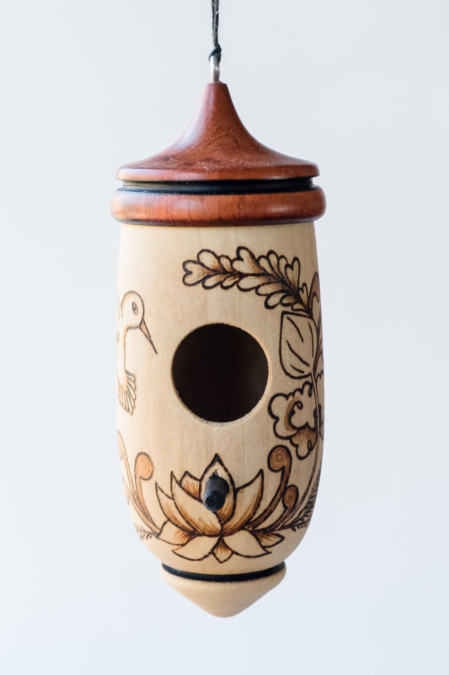 Handmade Cherry Wood Hummingbird House, Lotus Art Decor