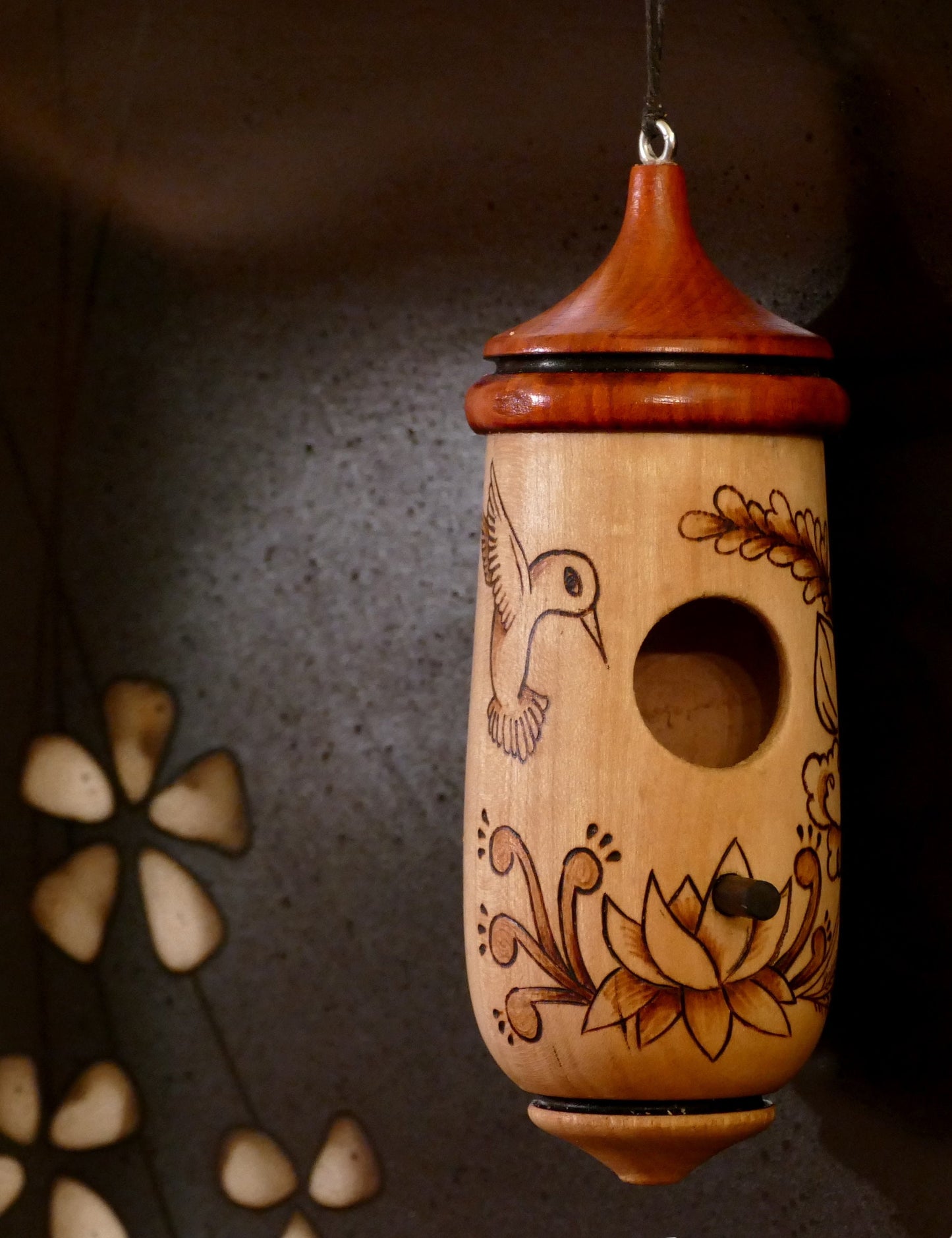 Handmade Cherry Wood Hummingbird House, Lotus Art Decor