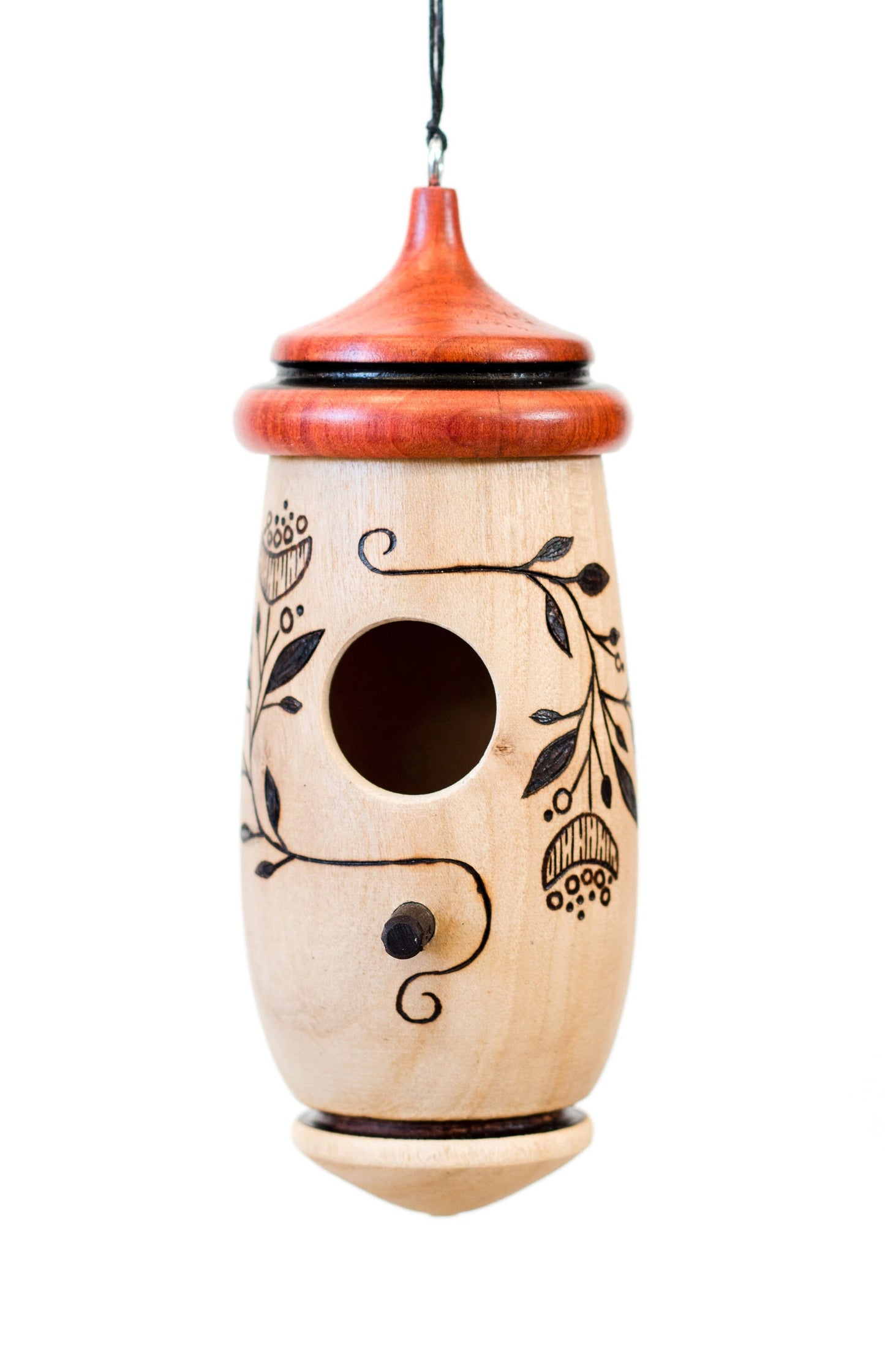 Handmade Cherry Wood Hummingbird House, Poppy Bud Art, Wood Burned