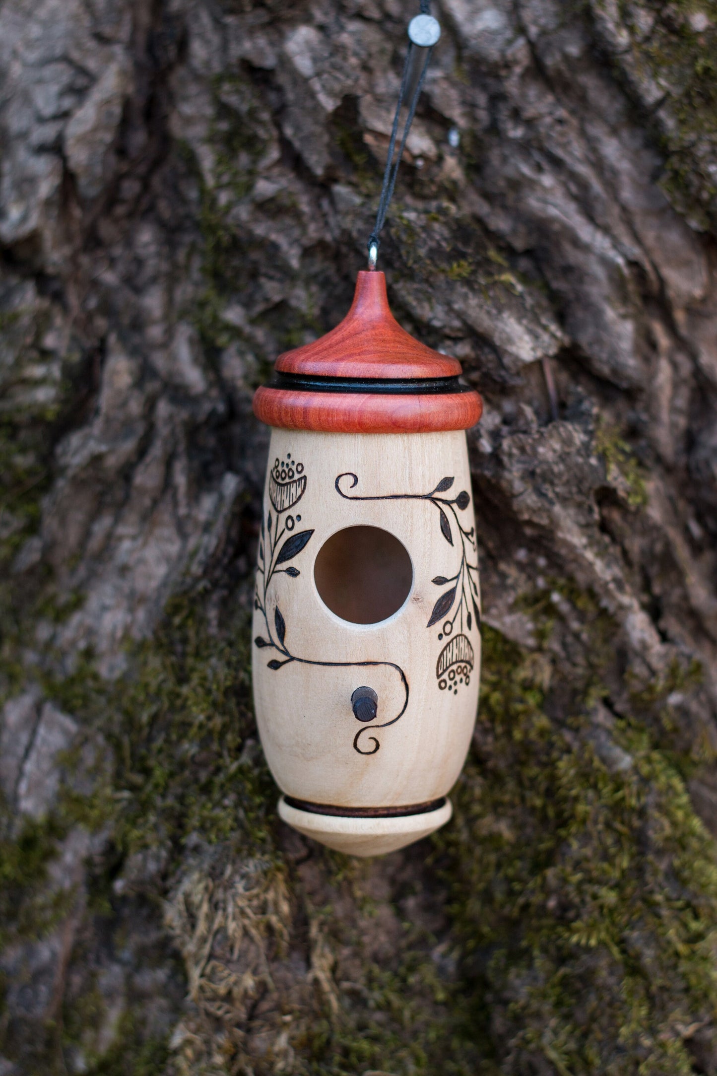 Handmade Cherry Wood Hummingbird House, Poppy Bud Art, Wood Burned