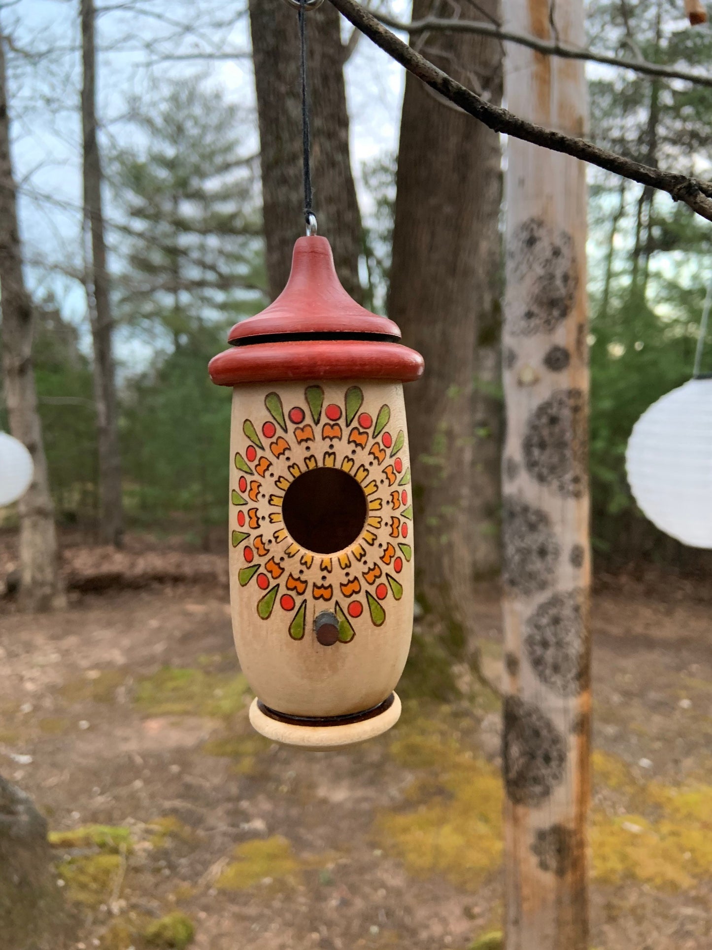 Mandala Wood-Burned Handmade Hummingbird House, Zen Decor