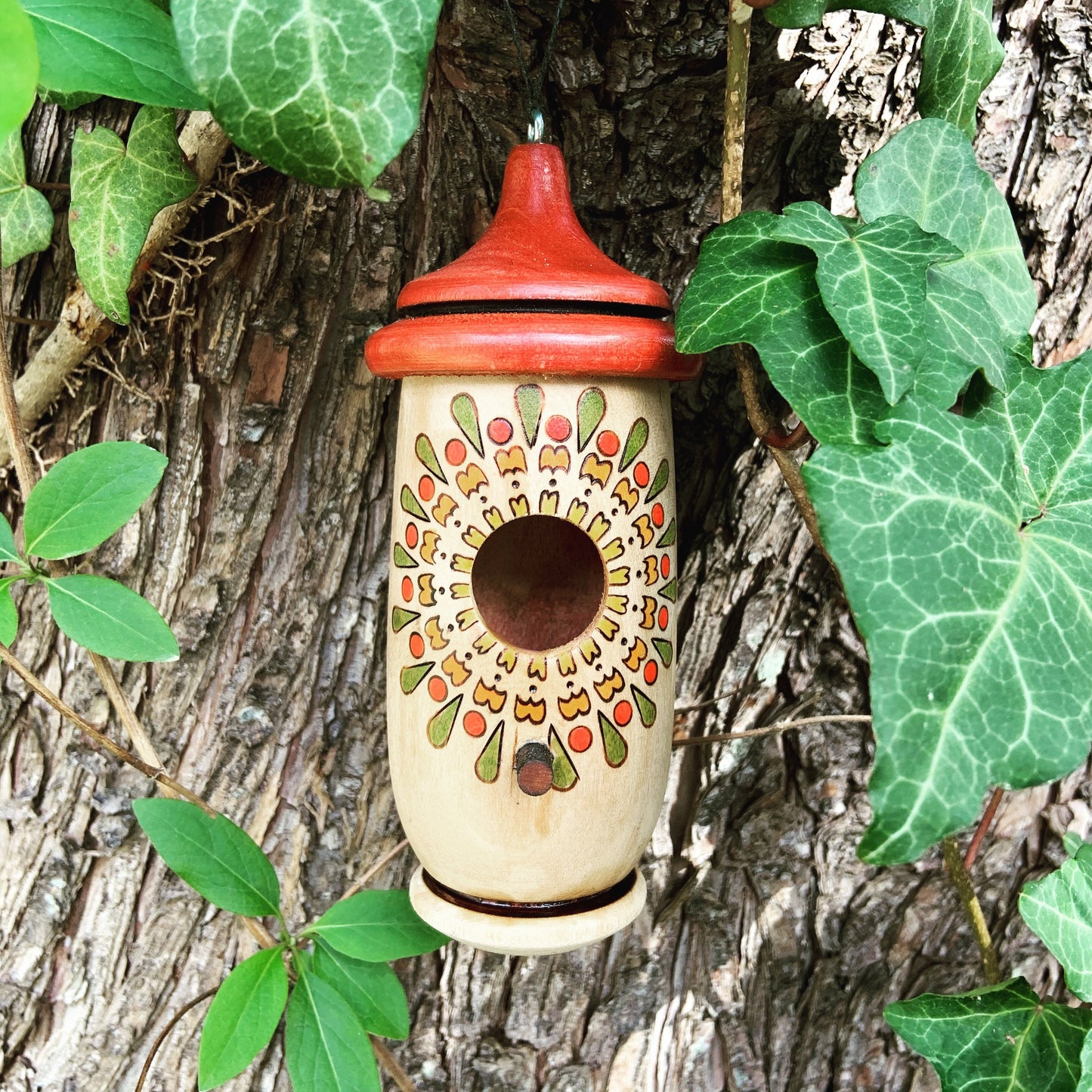 Mandala Wood-Burned Handmade Hummingbird House, Zen Decor