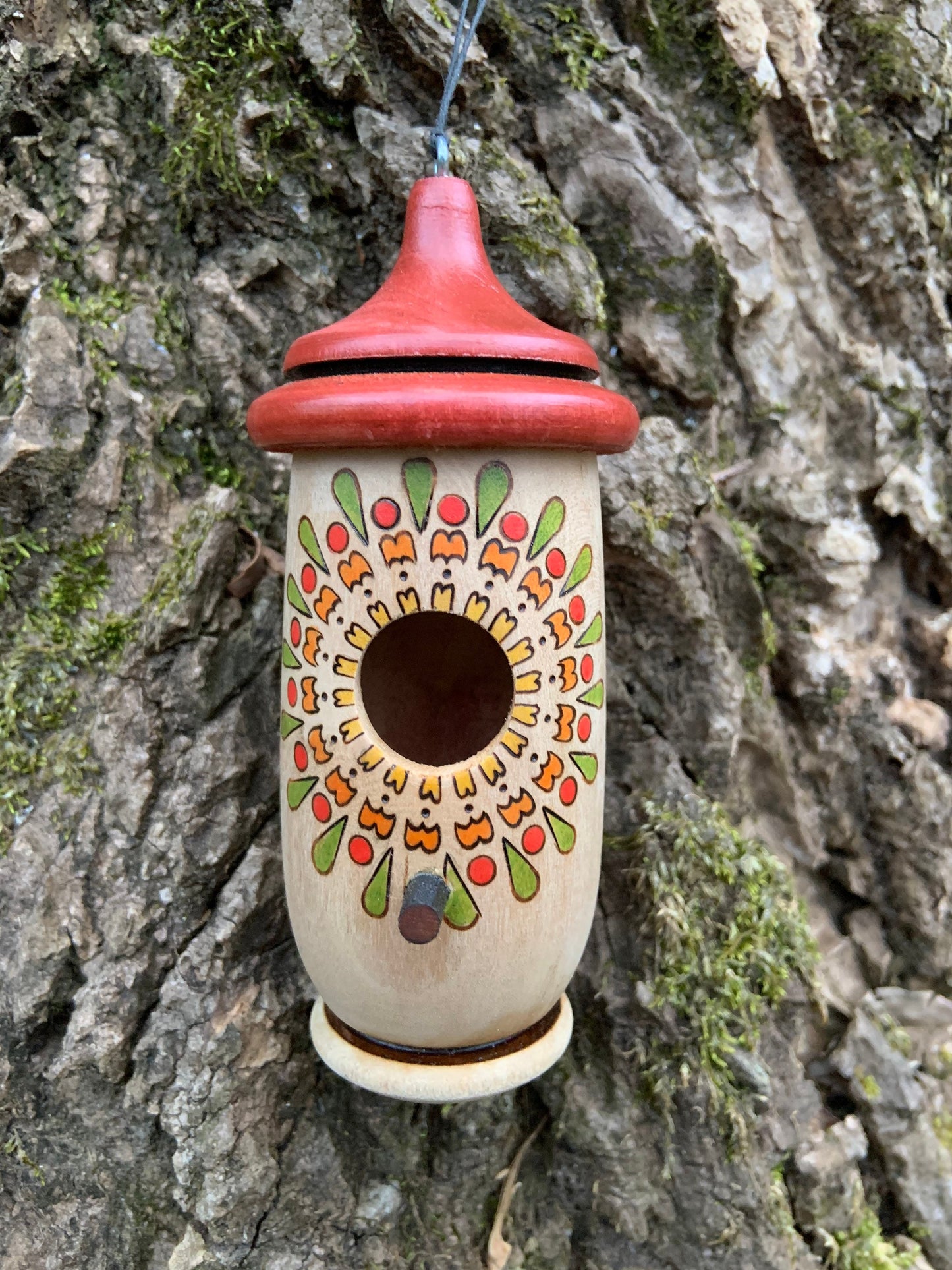 Mandala Wood-Burned Handmade Hummingbird House, Zen Decor