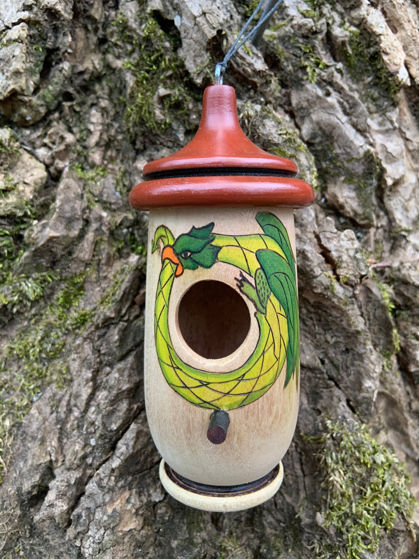 Handmade Cherry Wood Hummingbird Birdhouse: Dragon Ouroboros Art