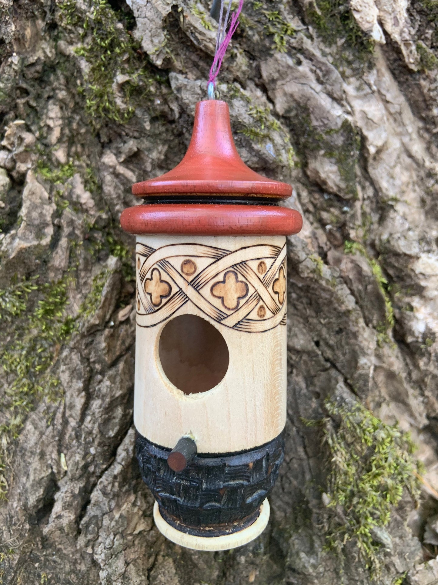 Brown Celtic Hummingbird House, Handmade Wooden Birdhouse, Artisan Gift for Any Occasion