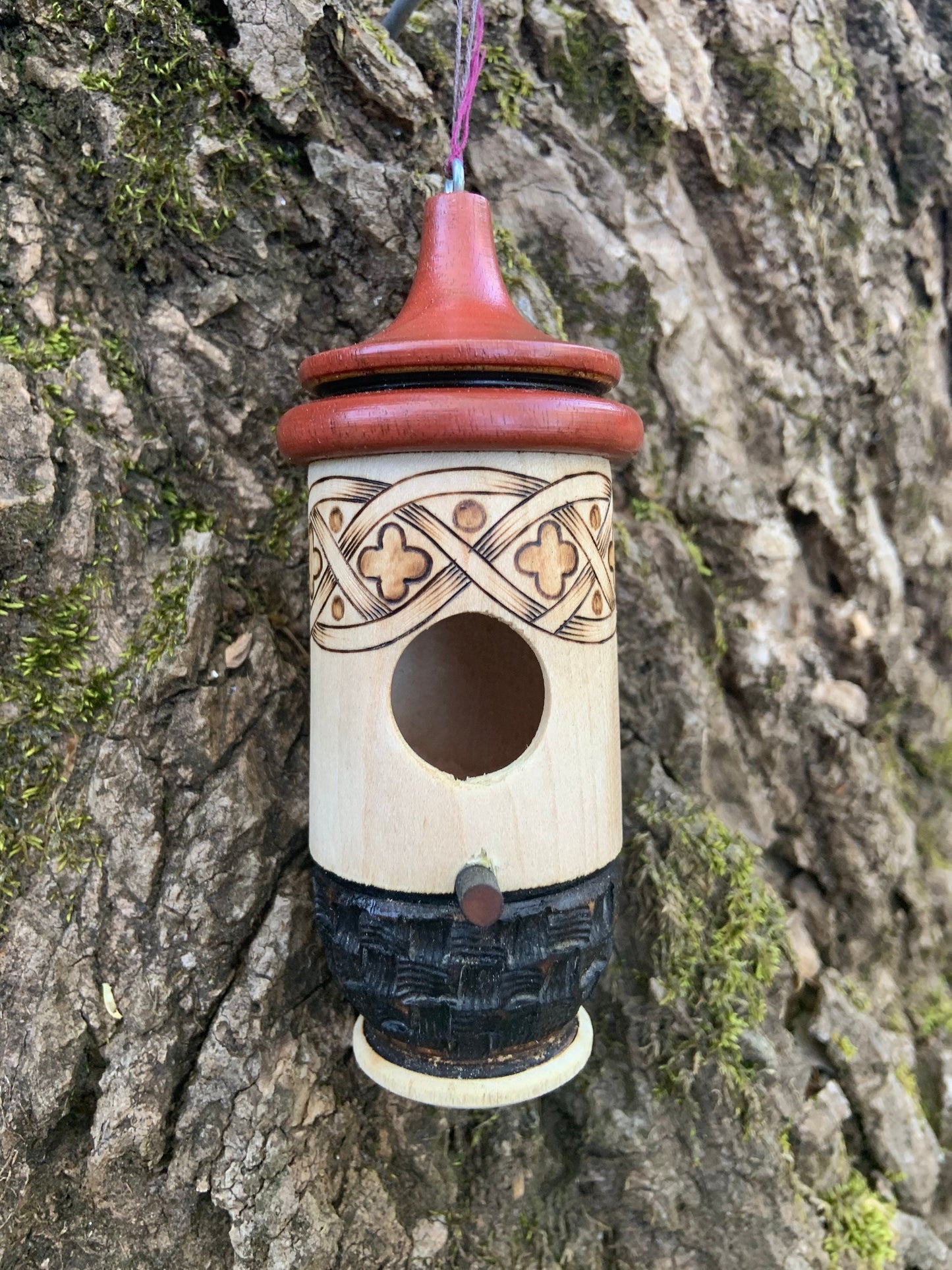 Brown Celtic Hummingbird House, Handmade Wooden Birdhouse, Artisan Gift for Any Occasion
