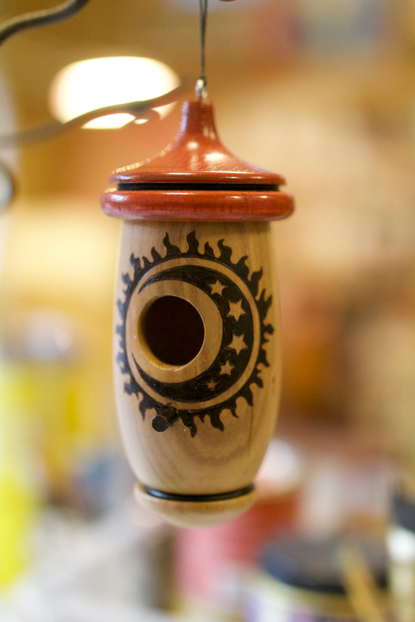 Handmade Cherry Wood Hummingbird House: Sun Moon Stars Woodburning Art