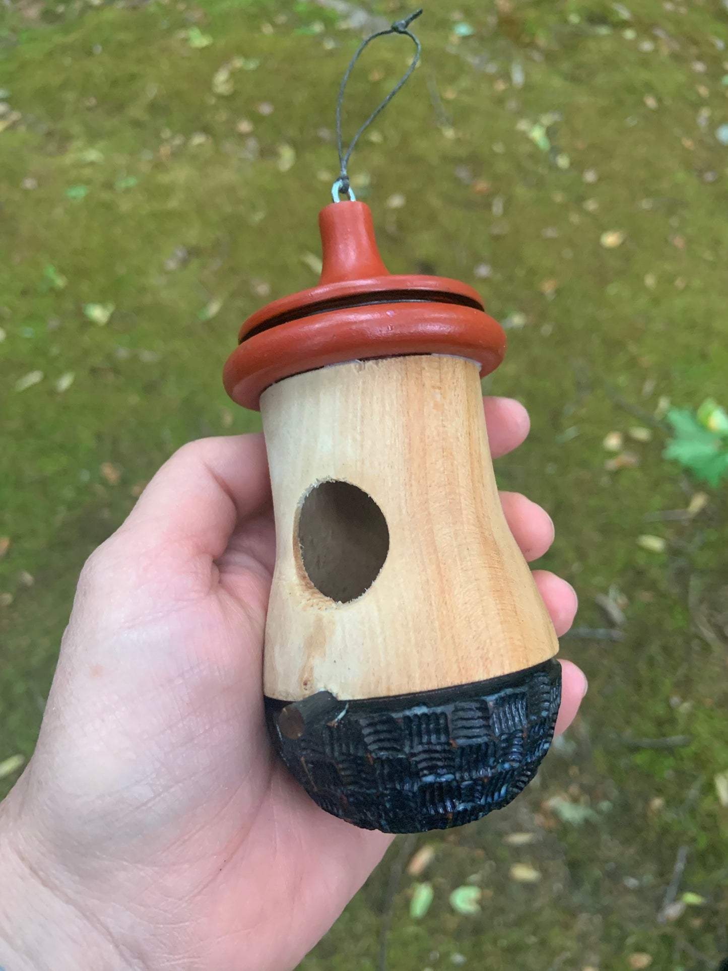 Handmade Cherry Wood Hummingbird House: Wood-Burned Ikebana Art