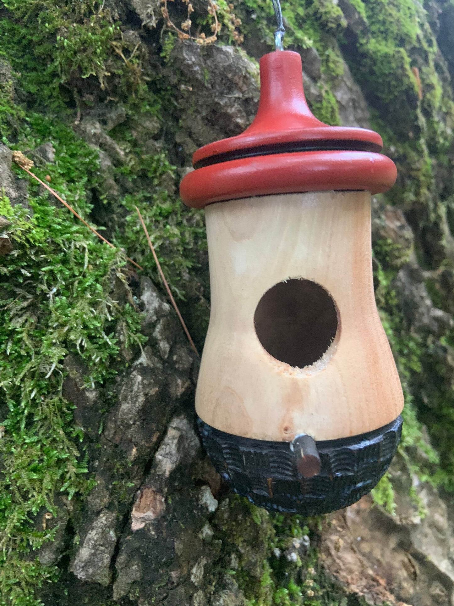 Handmade Cherry Wood Hummingbird House: Wood-Burned Ikebana Art