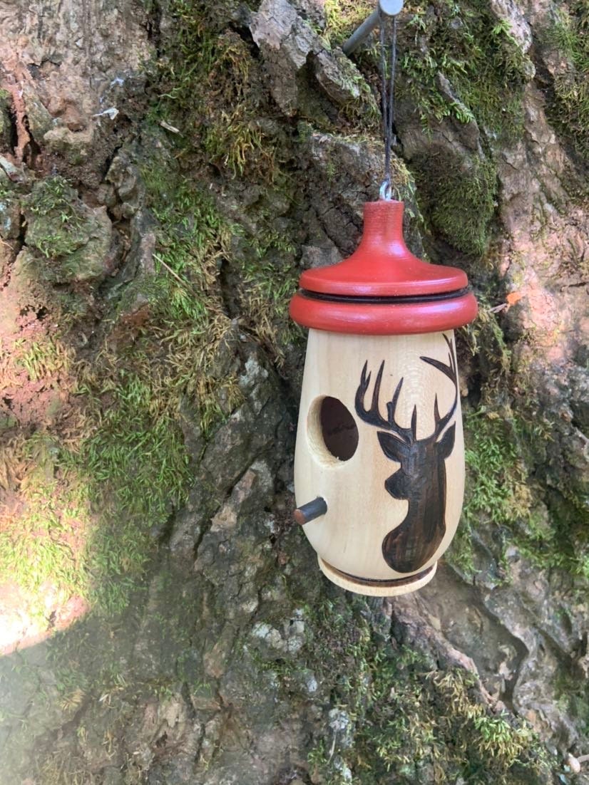 Handmade Cherry Wood Hummingbird House, Deer Silhouette Art