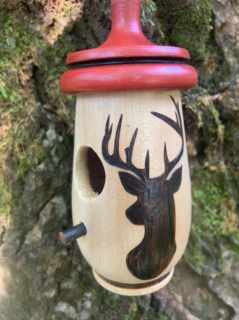 Handmade Cherry Wood Hummingbird House, Deer Silhouette Art