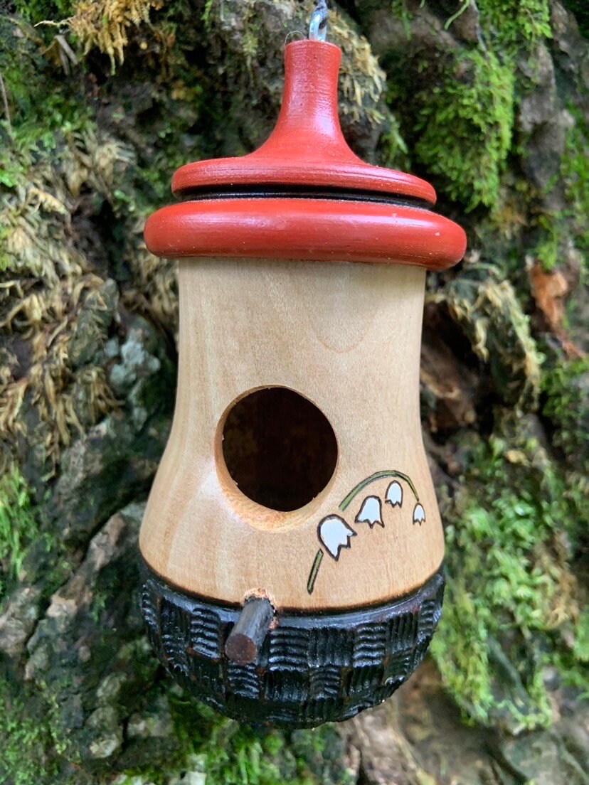 Handmade Cherry Wood Hummingbird House: Lily of the Valley Art