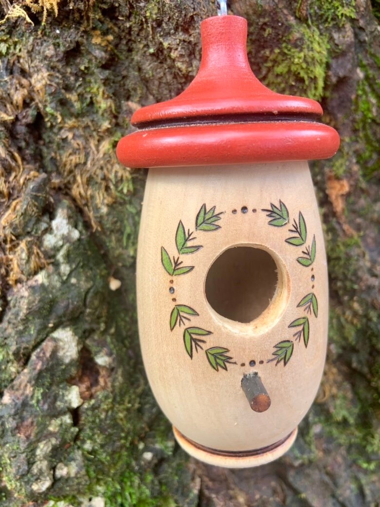 Handmade Wooden Hummingbird House with Laurel Wreath Art