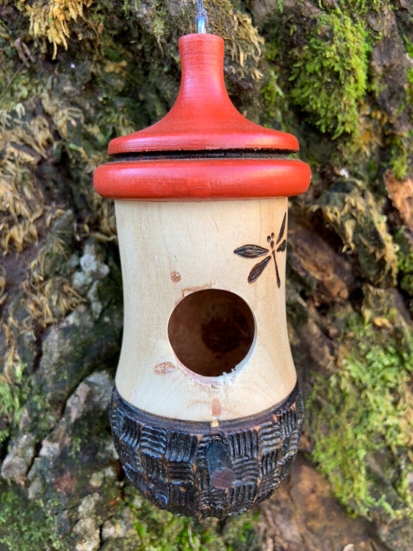 Handmade Cherry Wood Hummingbird House: Dragonfly Art