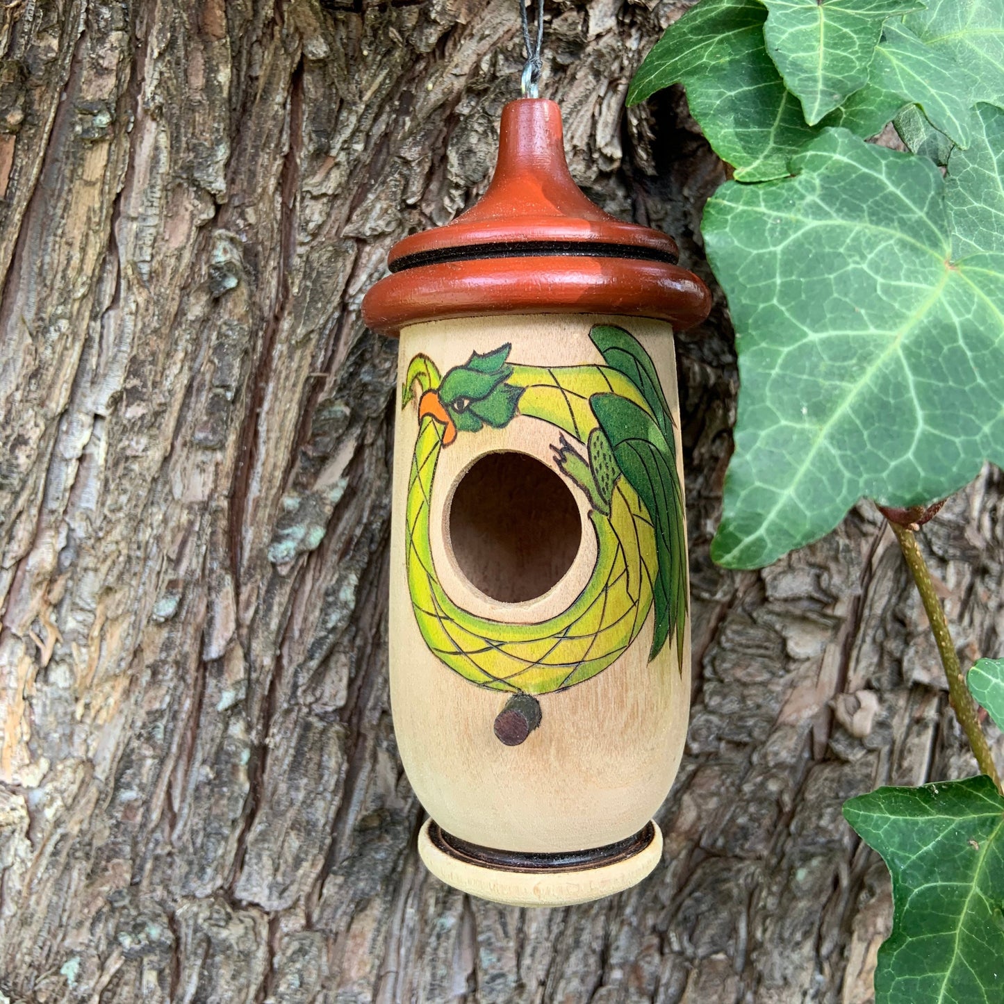 Handmade Cherry Wood Hummingbird Birdhouse: Dragon Ouroboros Art