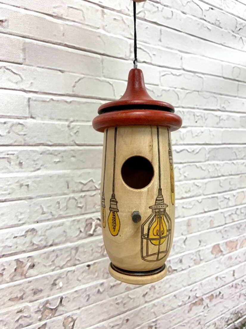 Handmade Wooden Hummingbird House: Lightbulb Art Birdhouse
