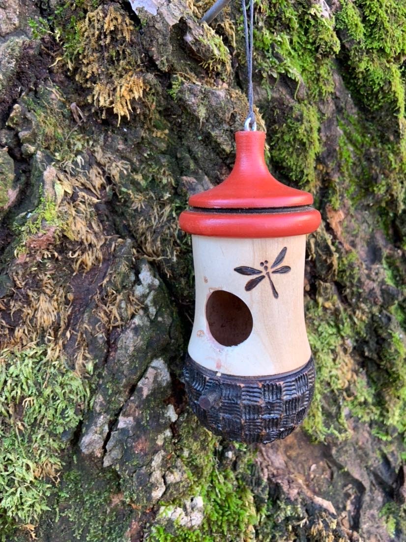 Handmade Cherry Wood Hummingbird House: Dragonfly Art