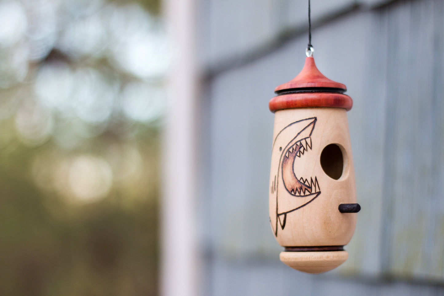 Handmade Wood-Burned Shark Hummingbird House, Ocean Decor