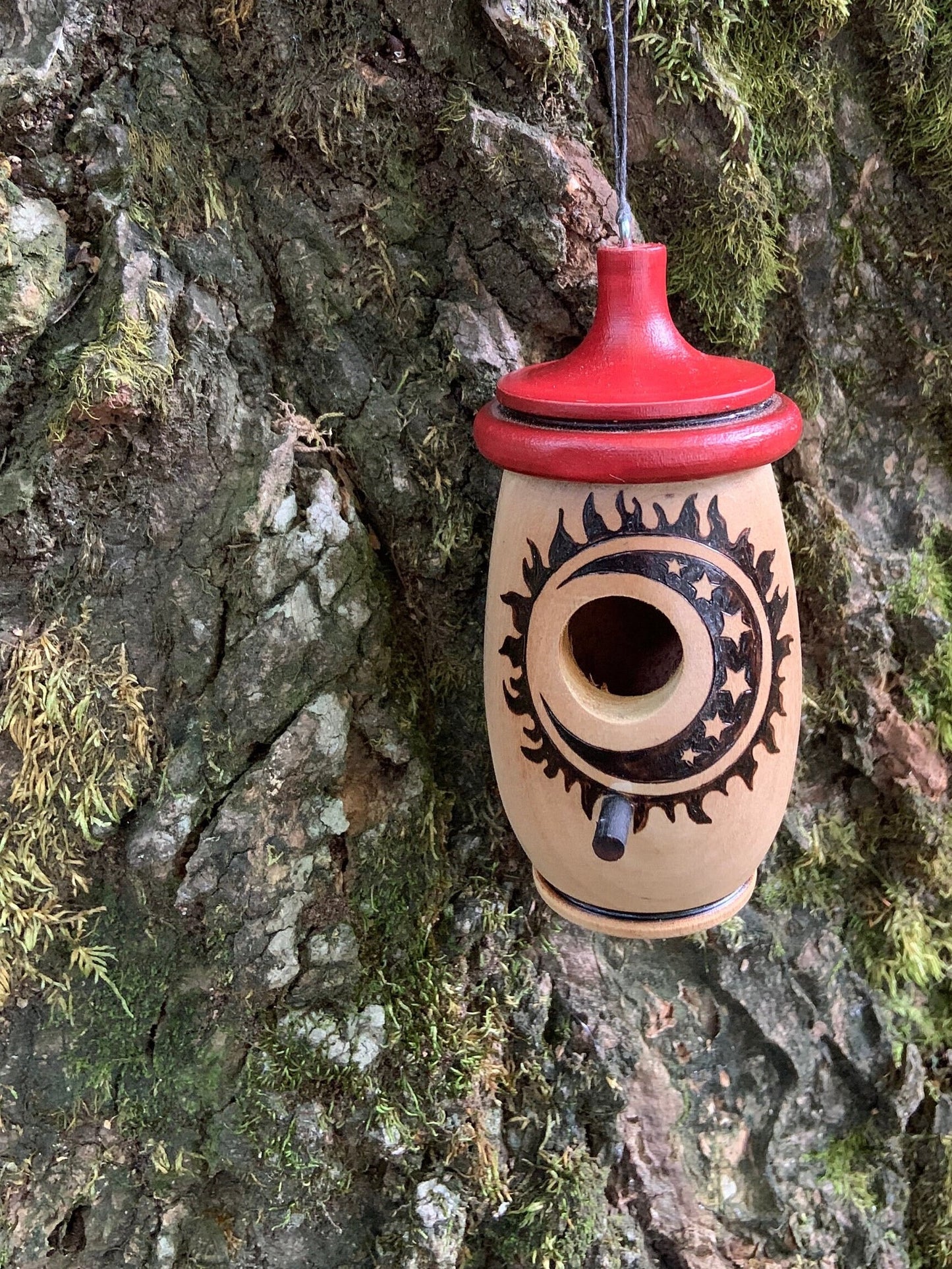 Handmade Cherry Wood Hummingbird House: Sun Moon Stars Woodburning Art