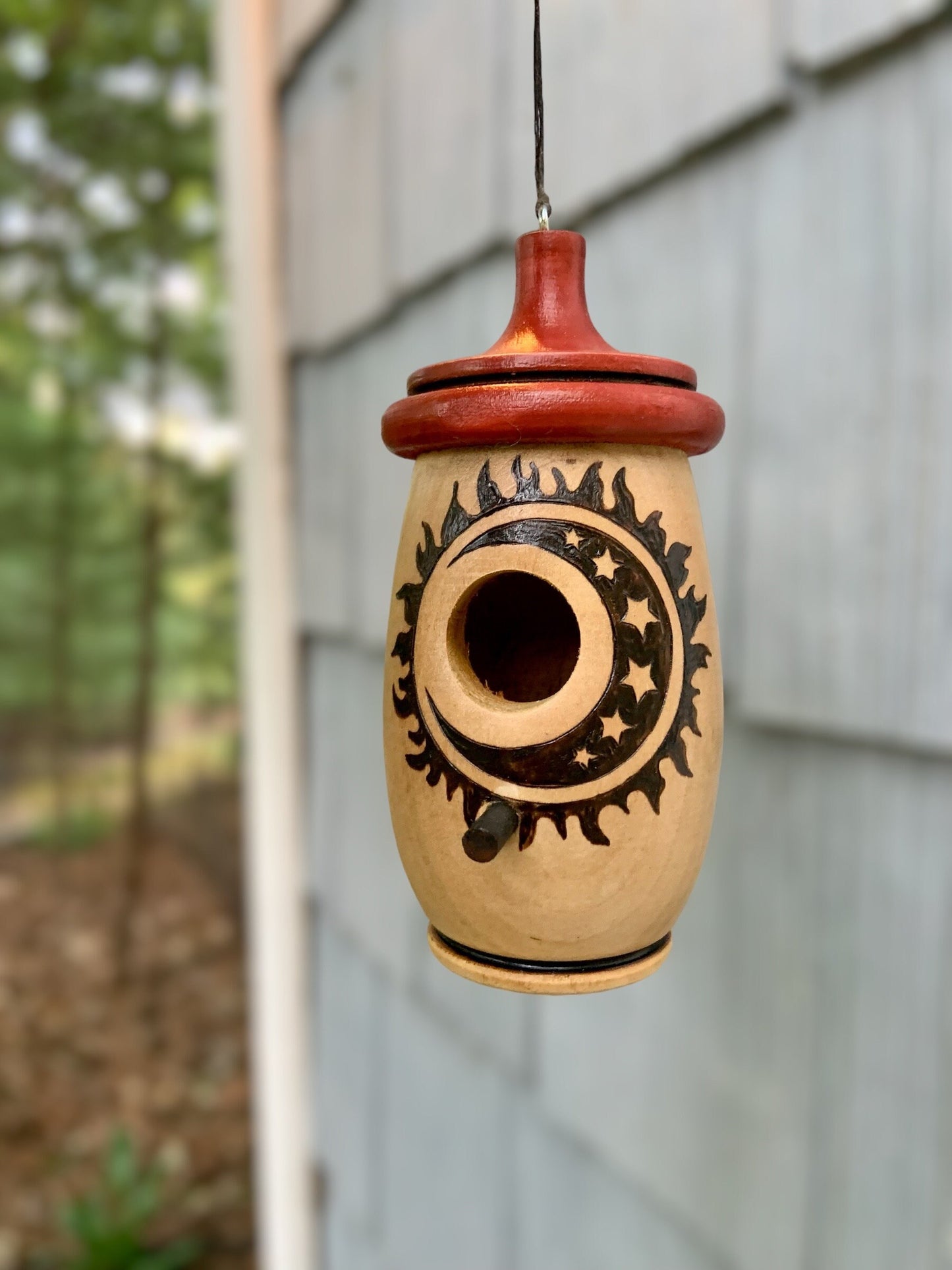 Handmade Cherry Wood Hummingbird House: Sun Moon Stars Woodburning Art