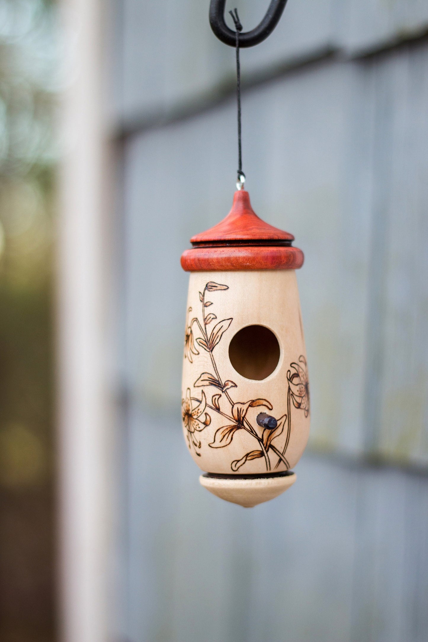 Hummingbird Birdhouse: Lily Floral Art, Handmade, Wooden
