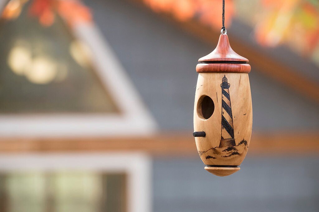 Handmade Cherry Wood Hummingbird House, Hatteras Lighthouse Design