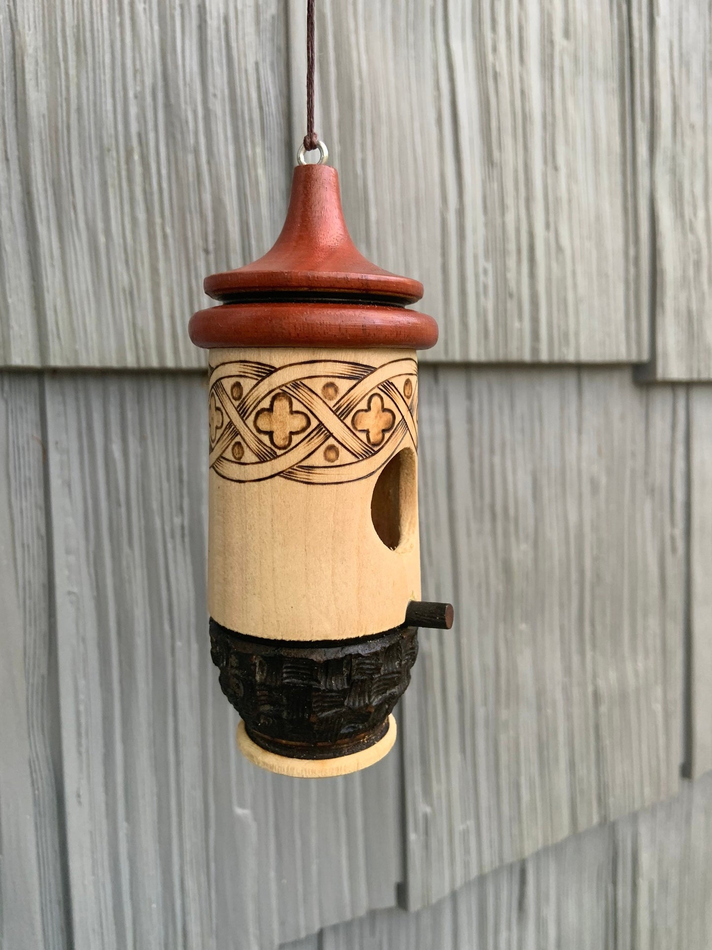 Brown Celtic Hummingbird House, Handmade Wooden Birdhouse, Artisan Gift for Any Occasion