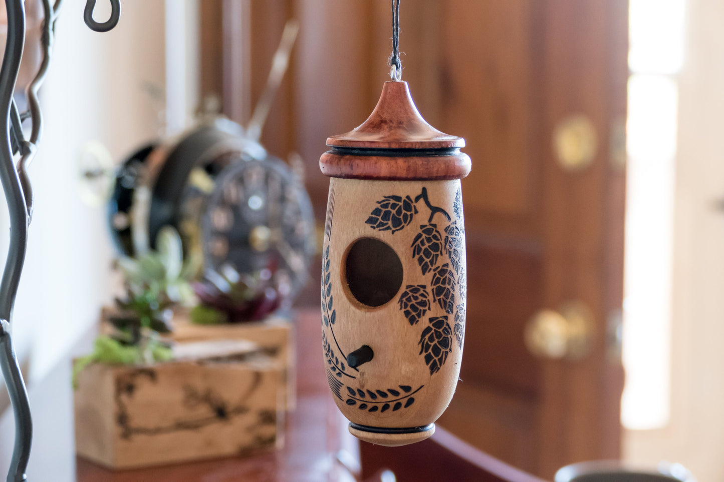 Hummingbird House, Handmade Wooden Birdhouse for Indoor/Outdoor Decor, Hops and Barley Art, Bird Lovers Gift, Christmas Gift for Beer Lovers