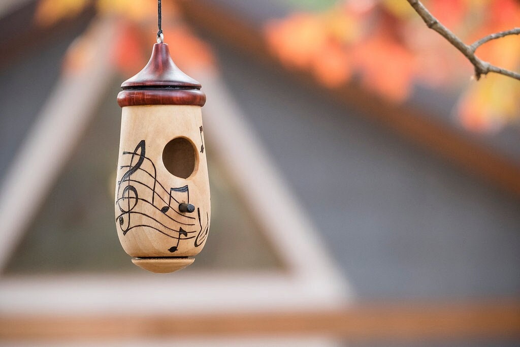 Handmade Cherry Wood Hummingbird House, Music Notes, Garden Decor