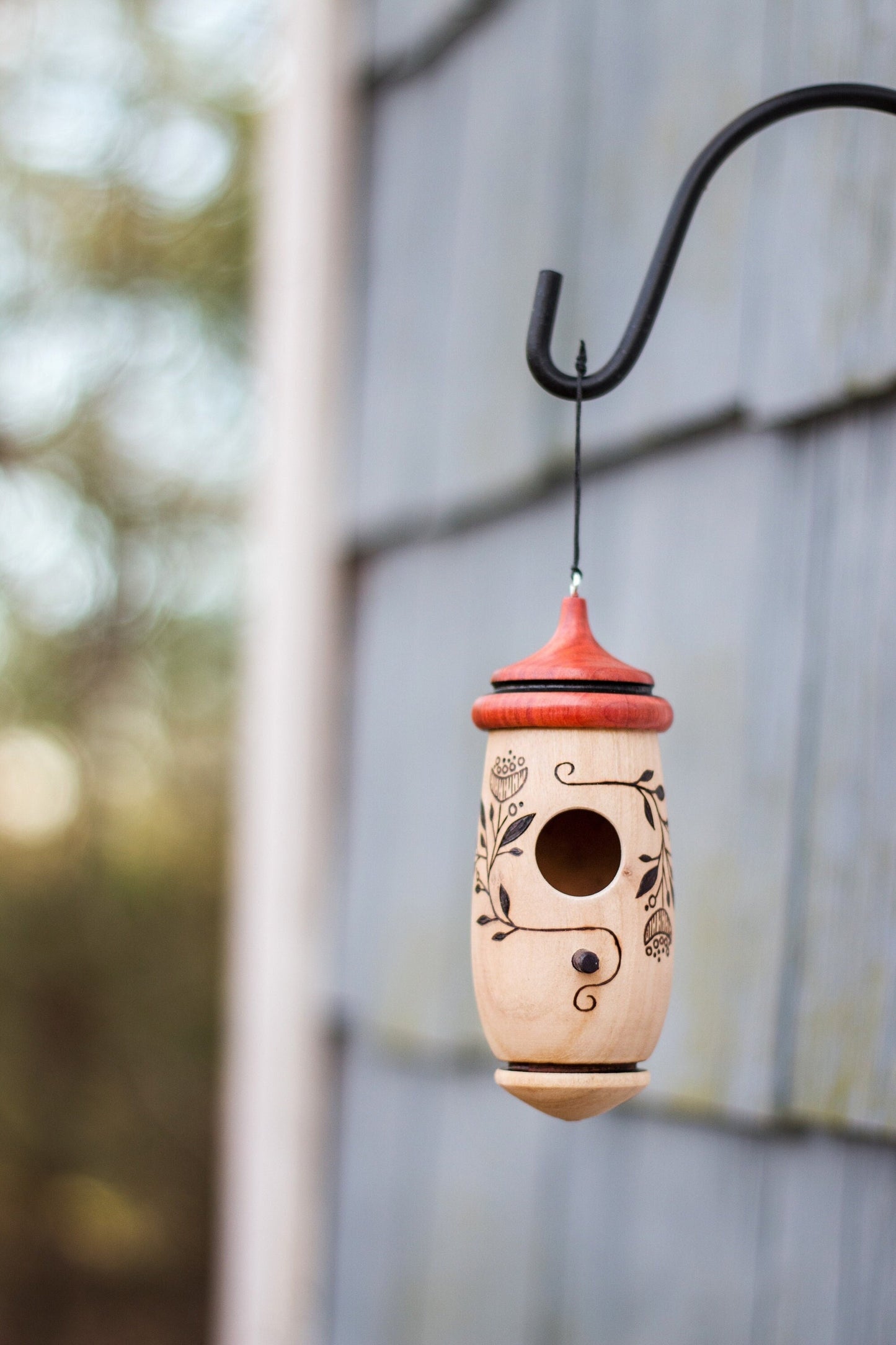 Handmade Cherry Wood Hummingbird House, Poppy Bud Art, Wood Burned