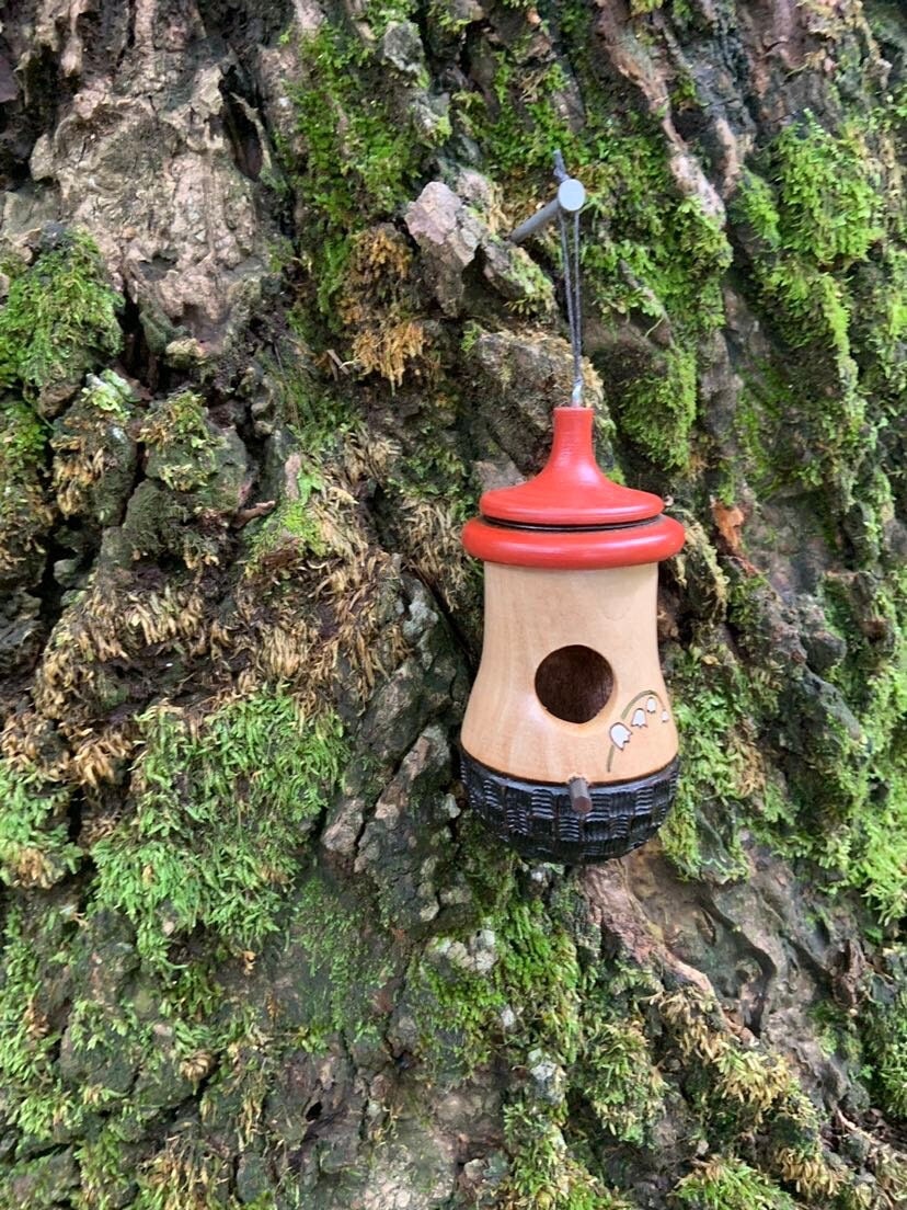 Handmade Cherry Wood Hummingbird House: Lily of the Valley Art